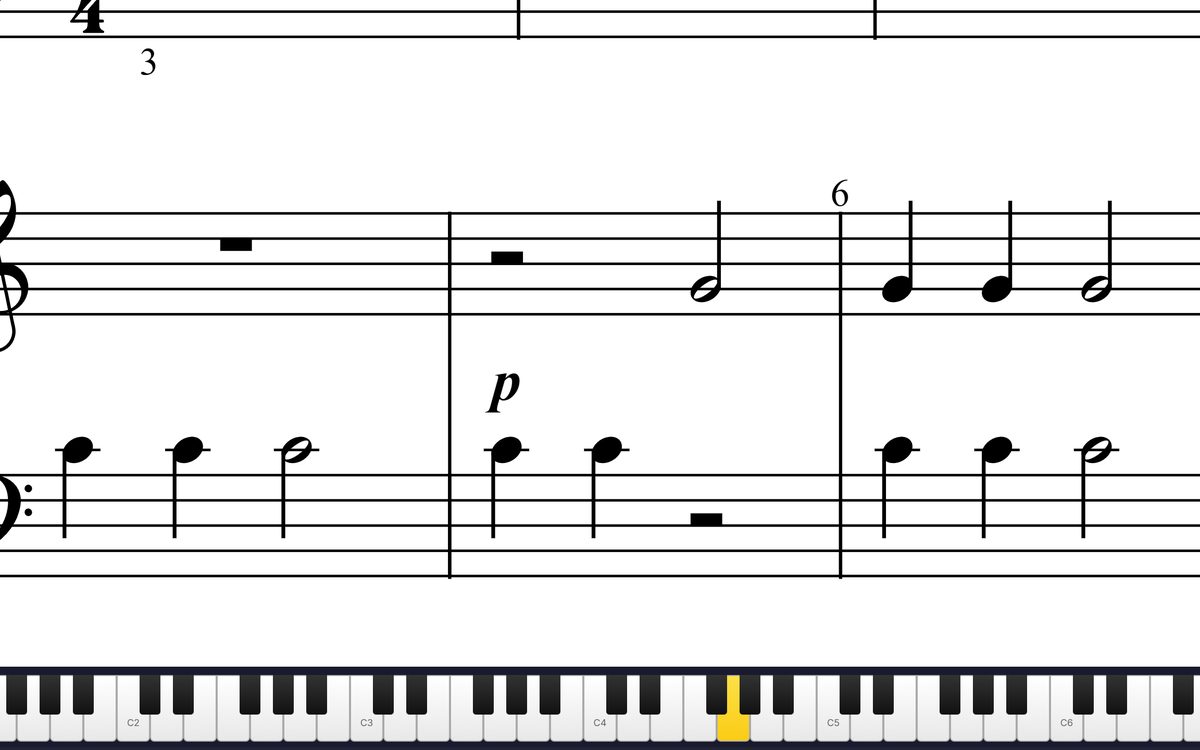 The interactive sheet music and on-screen keyboard during playback