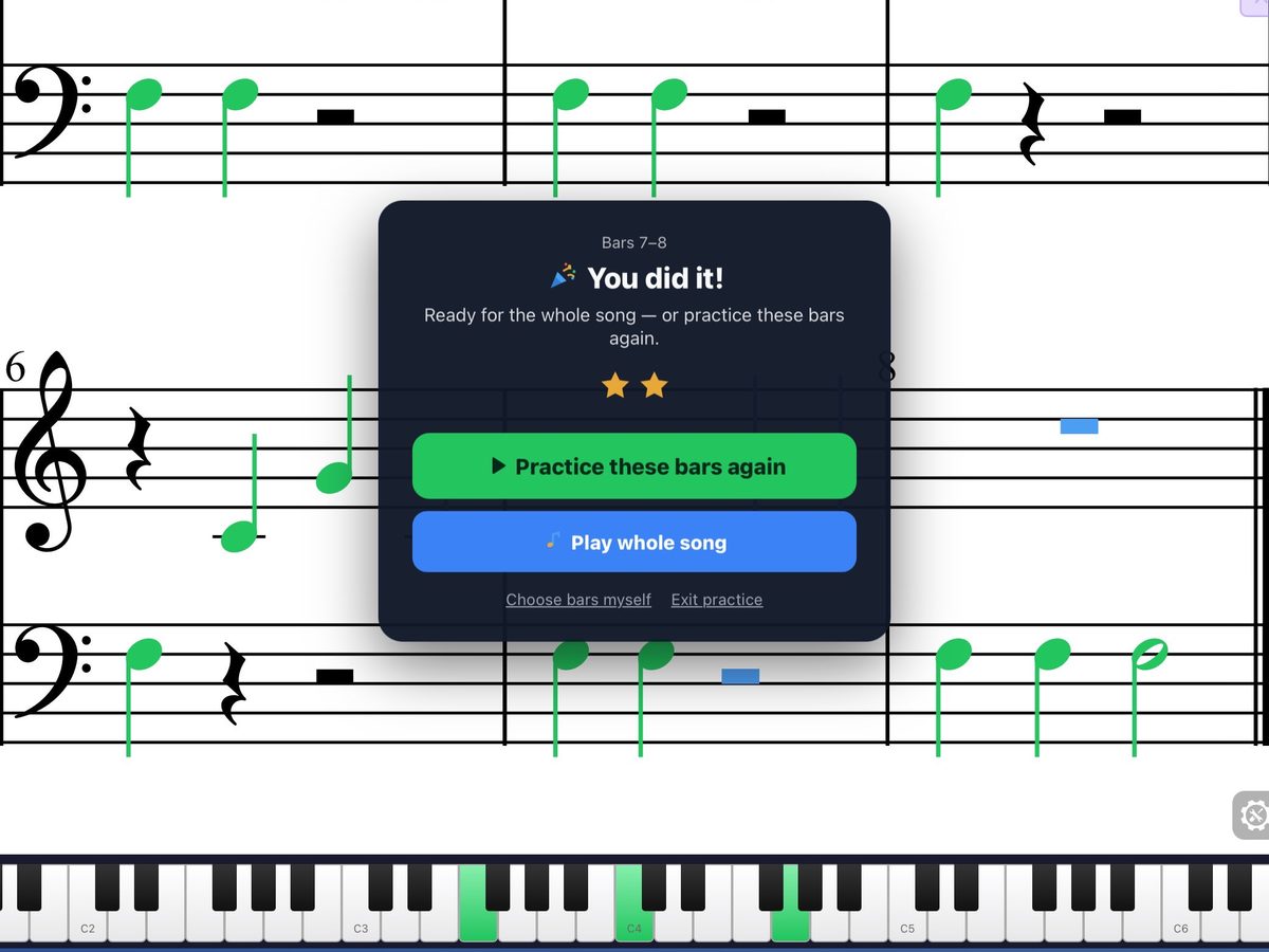 Practising bars 7–8 on iPad: You did it! with options to practise again or play the whole song